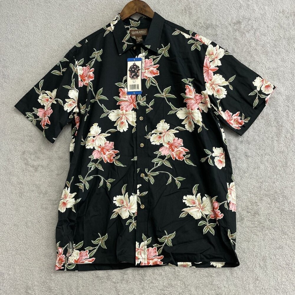 Cooke Street Men's L Hawaiian Floral Short Sleeve Button Shirt Black N0682